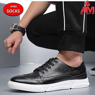 WH-Breathable Lace-up Casual Leather Sneakers-Black-Tony|20123