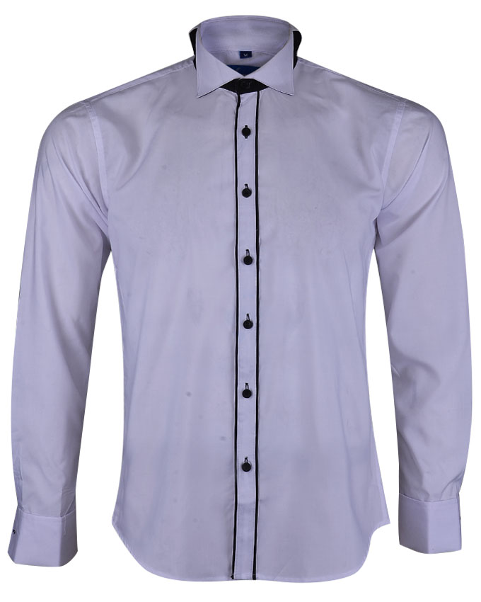 WH-Men's Constract Collar Long Sleeve Shirt-White/Black-Elly|10509