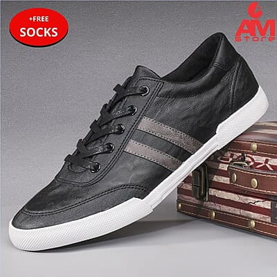 WH-Lace-up Double Stripe Casual Leather Sneakers-Black-Ojoku|20114