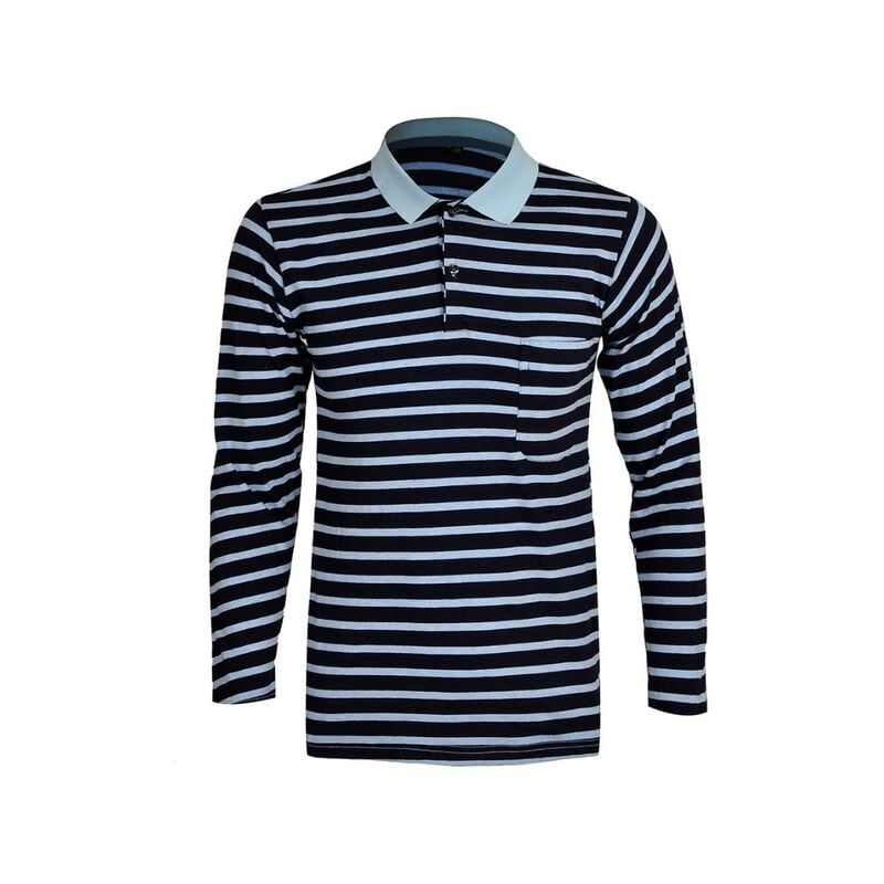 WH-Men's Stripe Long Casual Polo Shirt-Wash Blue-Innes|11309