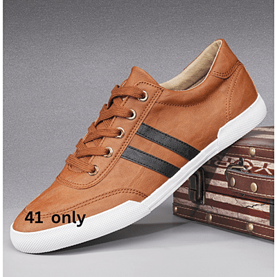 WH-Lace-up Double Stripe Casual Leather Sneakers-Brown-Ojoku|20112