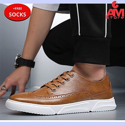 WH-Breathable Lace-up Casual Leather Sneakers-Brown-Samuel|20124